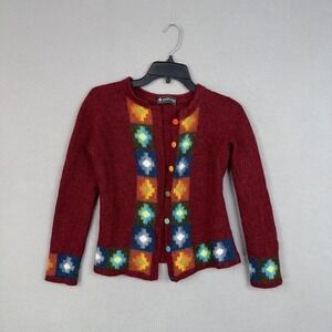 Baby Alpaca Cardigan Womens XS Red Manos de la Comunidad Geometric Knit Aztec